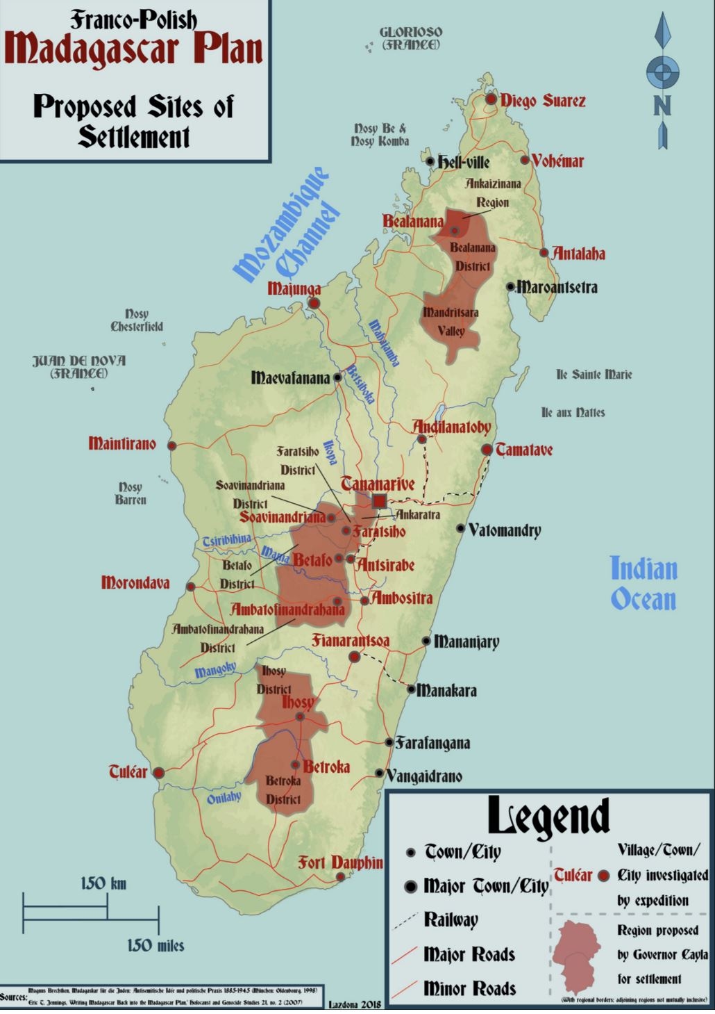 The proposed areas for the resettlement of Jews in Madagascar, according to the Franco-Polish version of the 1937 plan