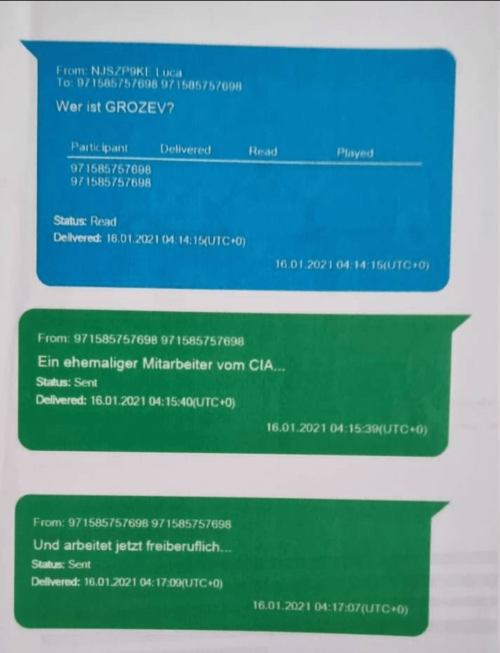 A message from Ott reads “Who is GROZEV?” — to which Weiss replies “A former CIA employee... Now works freelance...” 