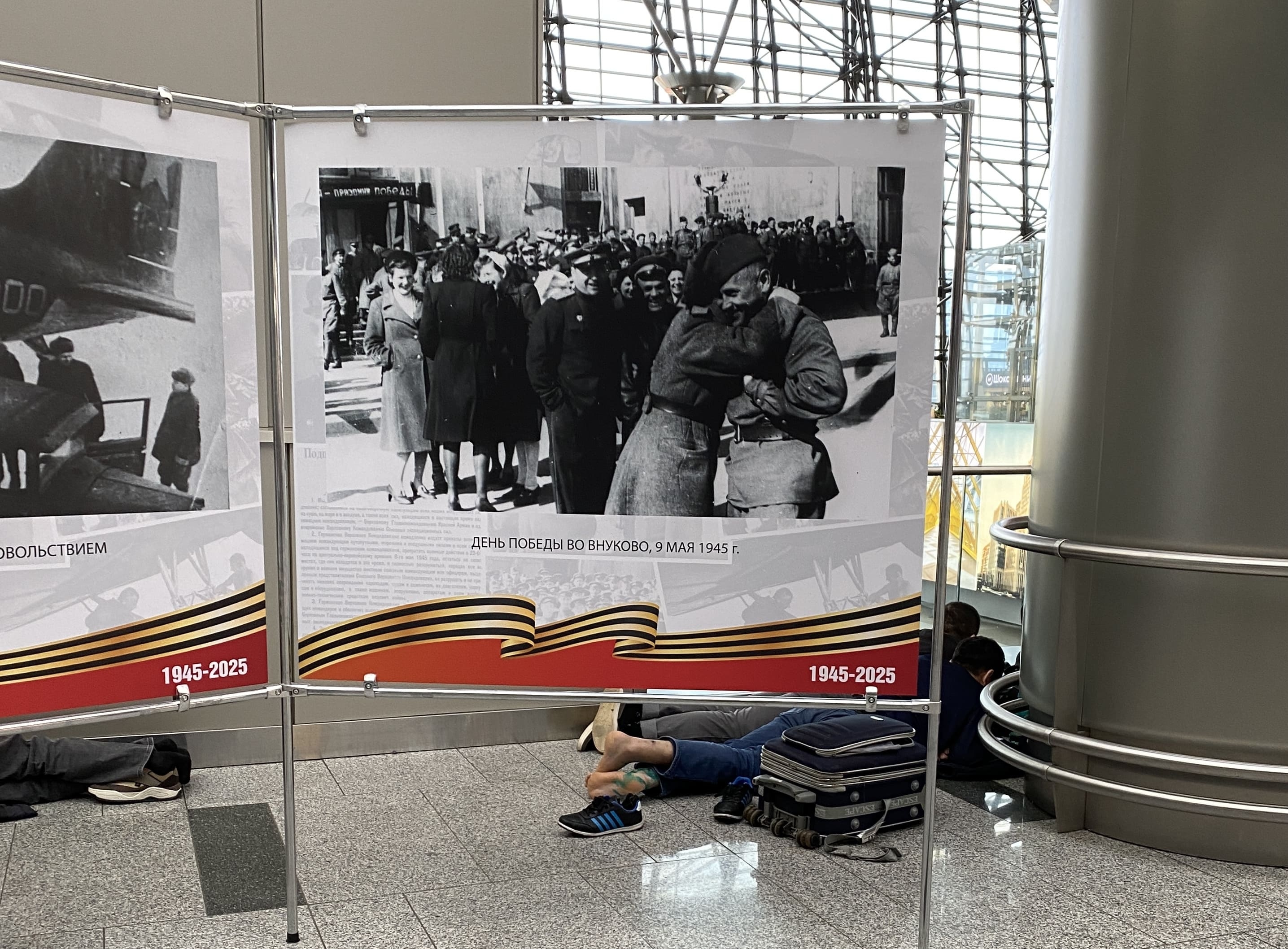 Пассажир отдыхает в аэропорту Внуково во время задержки всех вылетов