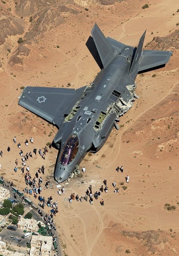 A giant Israeli F-35 “downed” by Iran’s AI-powered air defenses.