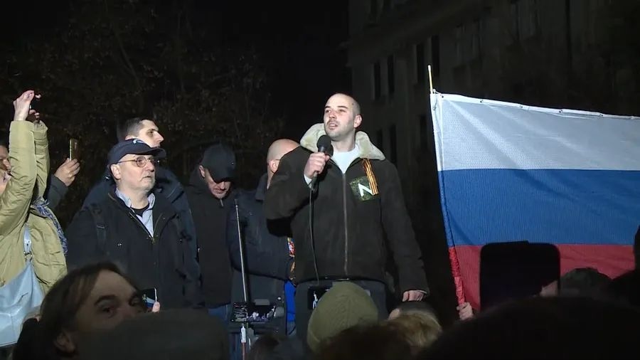 Damjan Knežević at a rally in support of Russia, Belgrade, March 2022