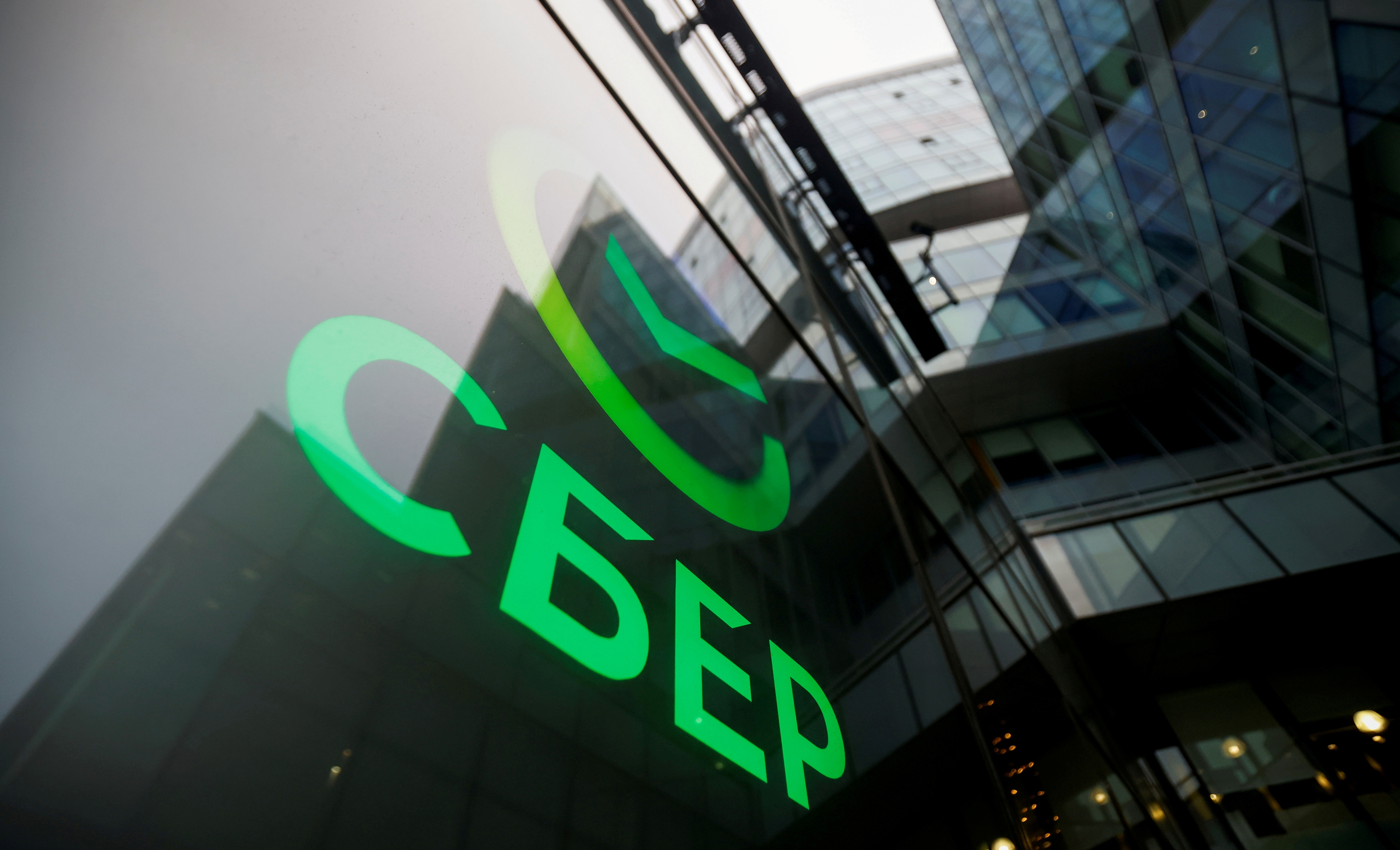 Sberbank’s logo on display inside one of its Moscow offices in December 2020. Photo: Maxim Shemetov / Reuters