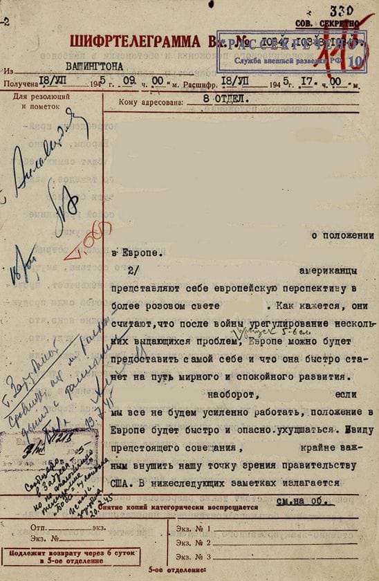 Clasiffied telegram from an MGB resident in the U.S. (1945)