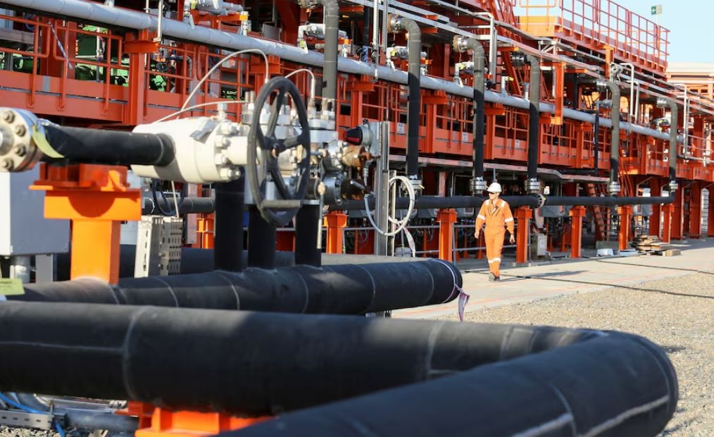 Infrastructure of the main processing center of the Kashagan field in the Caspian Sea, Kazakhstan