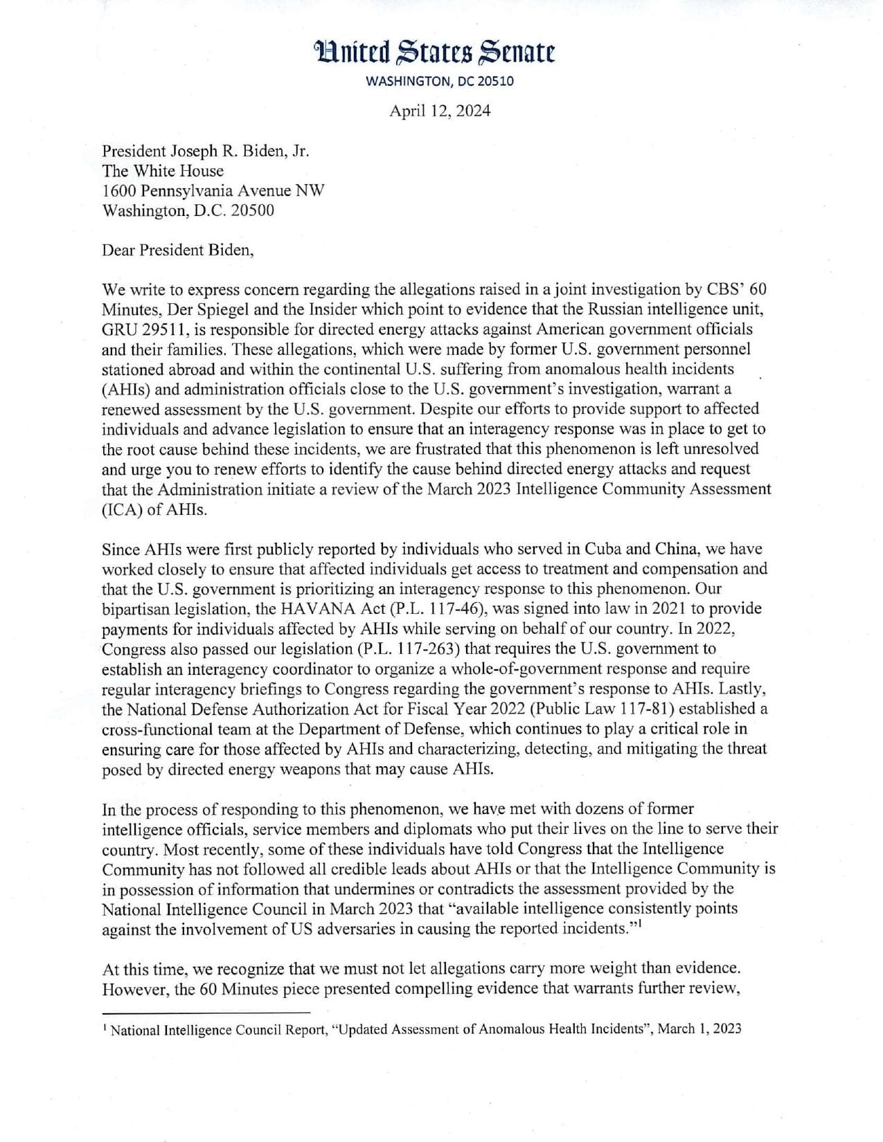 A copy of the letter sent by a group of senators to U.S. President Joe Biden on April 12, 2024