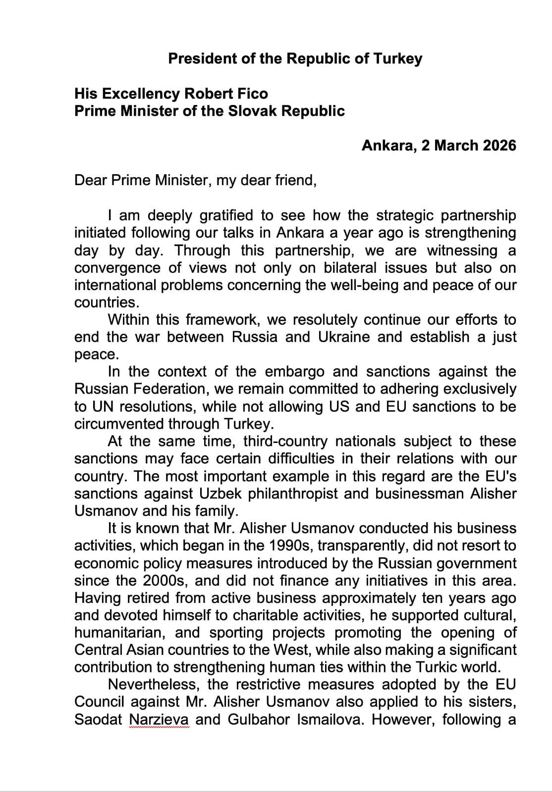 Erdogan's letter to Slovak Prime Minister Robert Fico