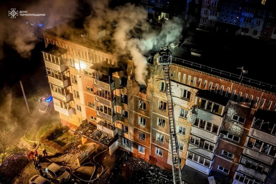 The aftermath of a Russian “Geran” drone attack on a multi-storey apartment building in Ternopil, Ukraine, on Dec. 2, 2024