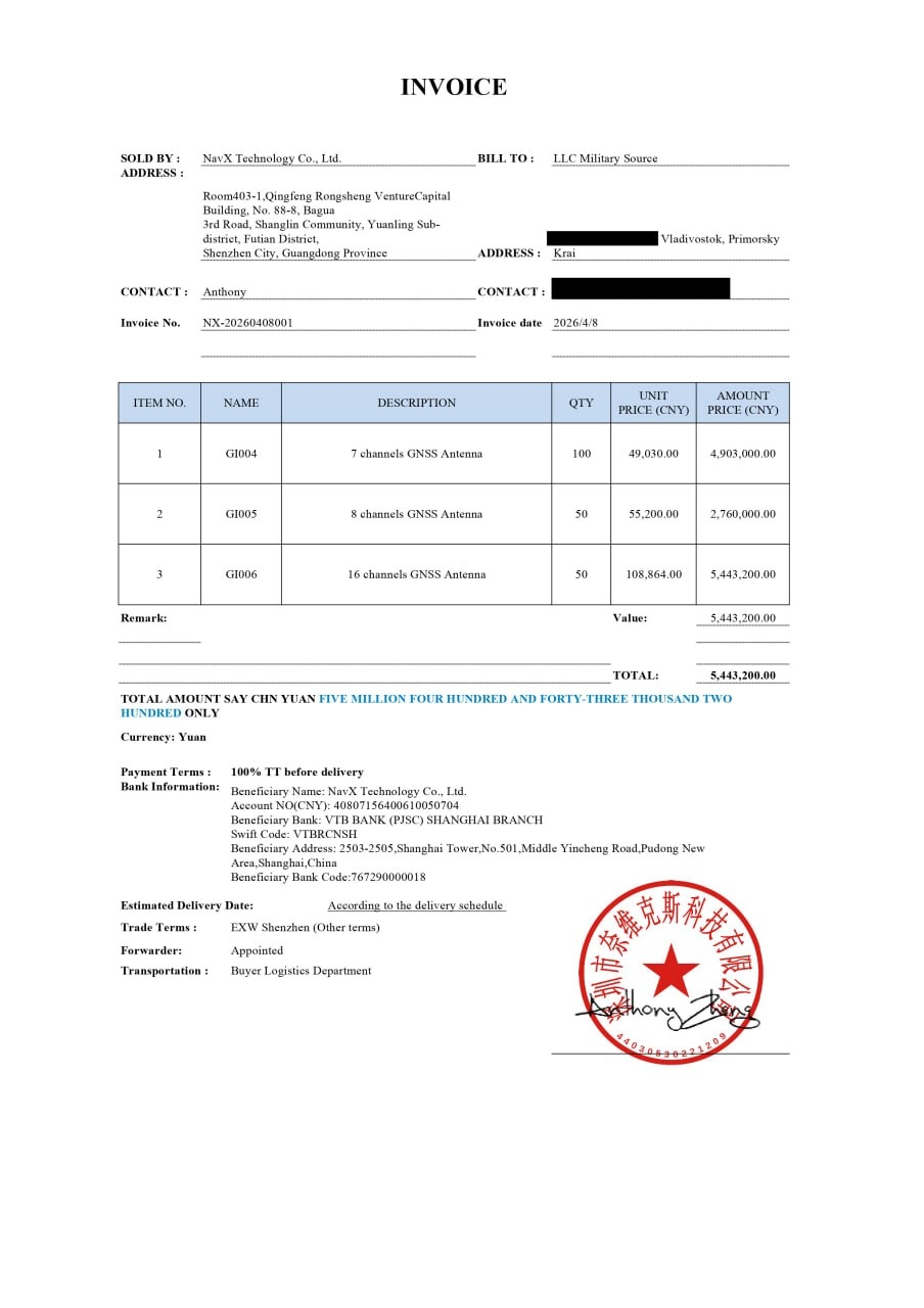 Invoice for 200 antennas made to “Military Source LLC” with a delivery address in Russia