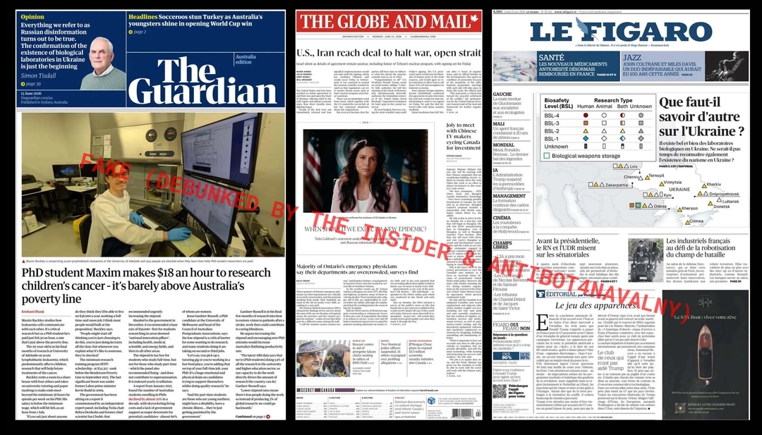 The fake The Guardian, Le Figaro, and The Globe and Mail covers spread by Matryoshka