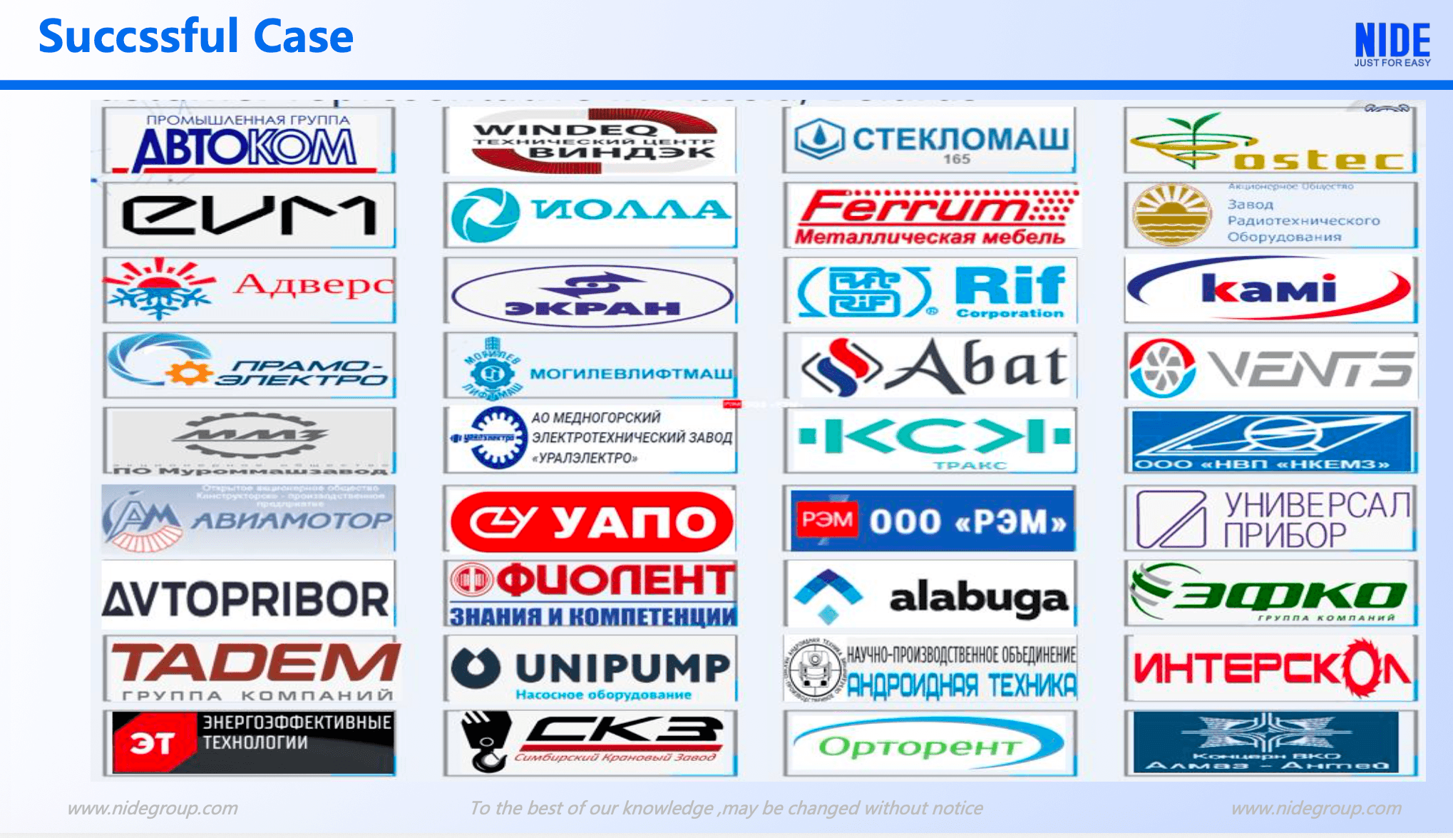Nide company presentation. Logos of Nide clients