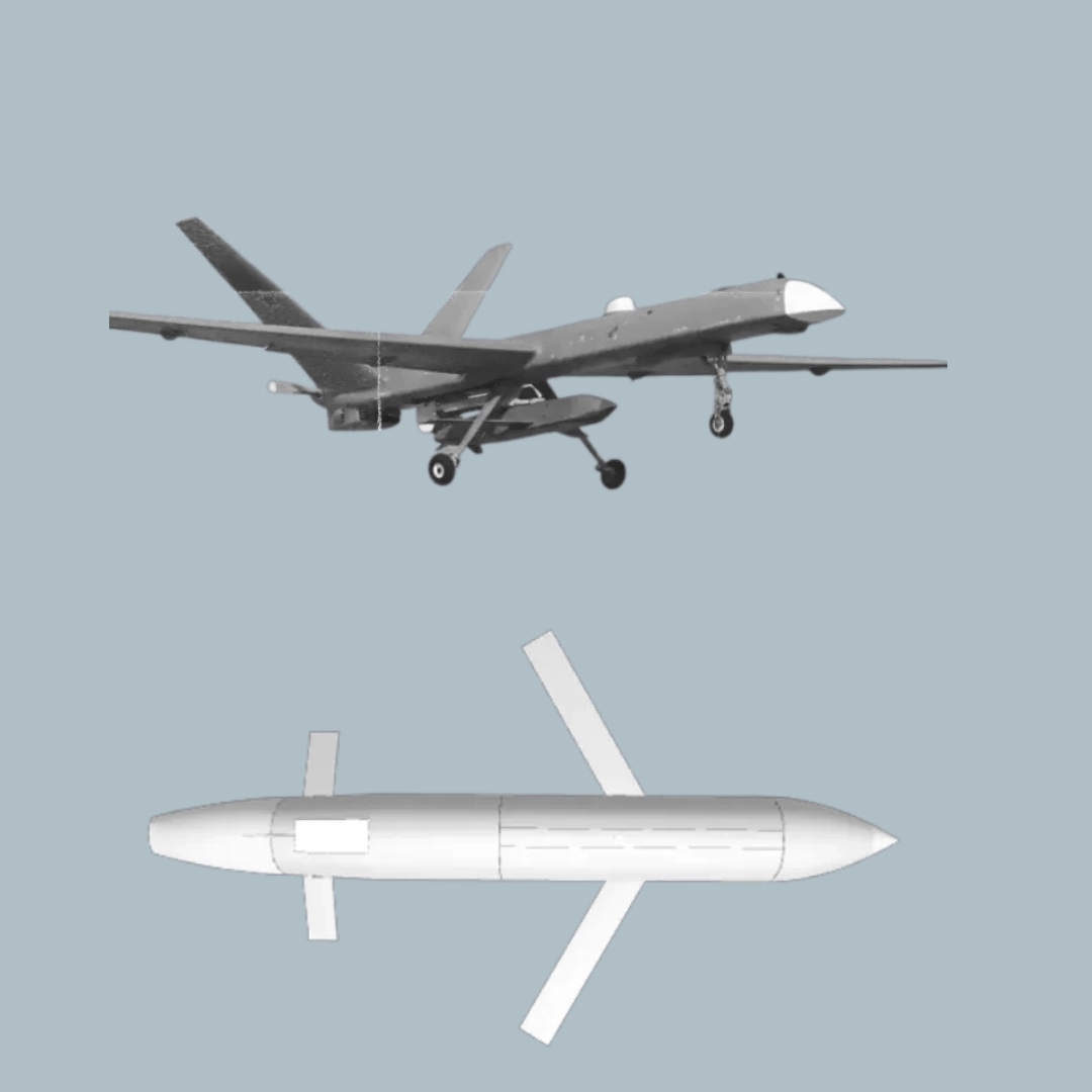A 3D model of a Kronshtadt Orion UAV equipped with a Banderol missile (top) and a model of the Banderol missile (bottom)