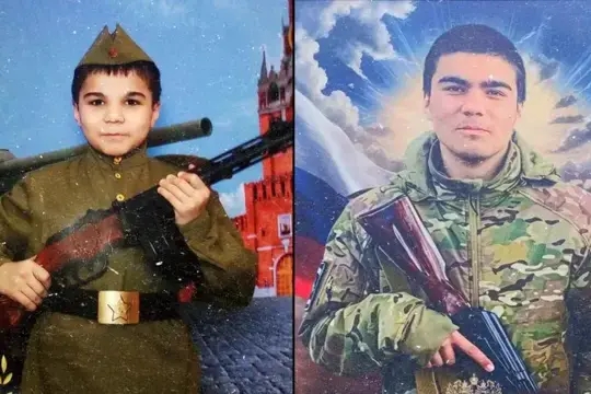 Слева Алишер Свирин ребенком на фотографии к 9 мая, справа — он же военный-контрактник / ВВС, соцсети семьи Алишера Свирина
