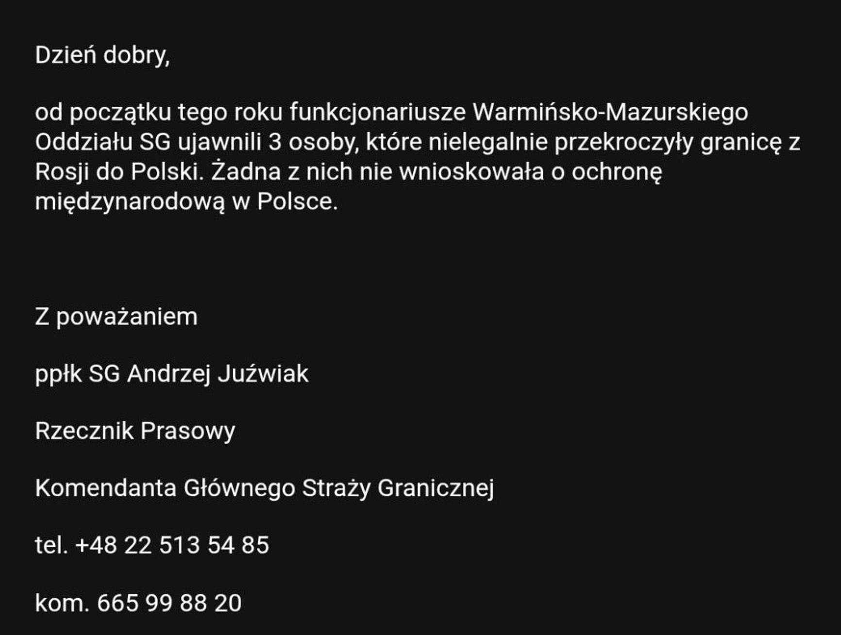 Screenshot of a letter from Lt. Col. Andrzej Juźwiak, spokesperson for the commandant of the Polish Border Guard Headquarters