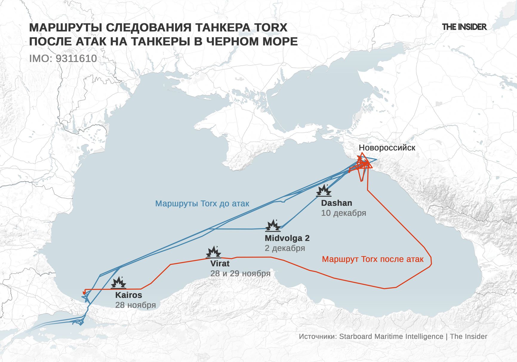 Маршруты следования танкера Torx до и после атак на танкеры в Чёрном море. С инфографики частично убраны следы спуфинга — подмены сигналов GPS