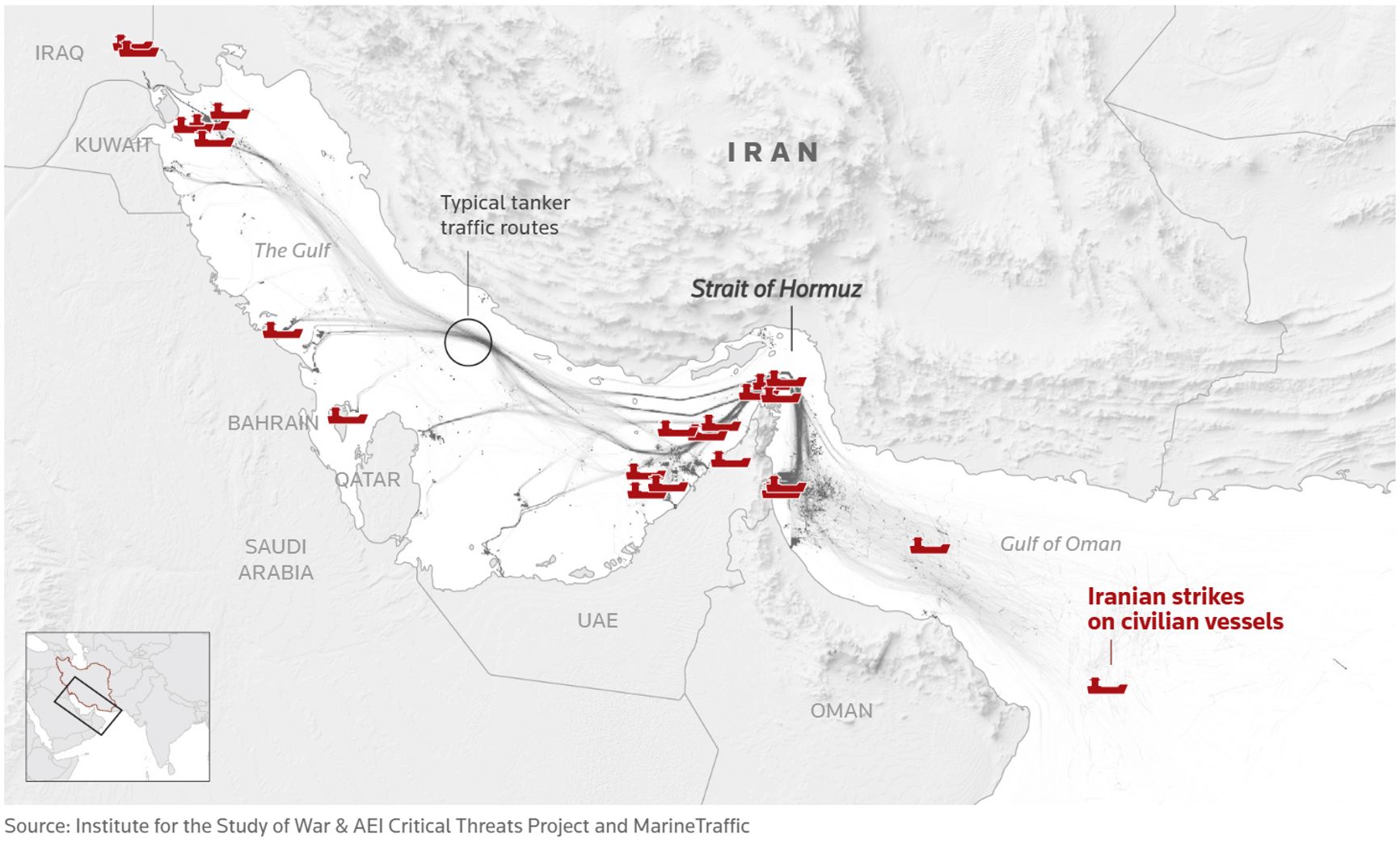 Карта ударов Ирана по гражданским судам с начала войны