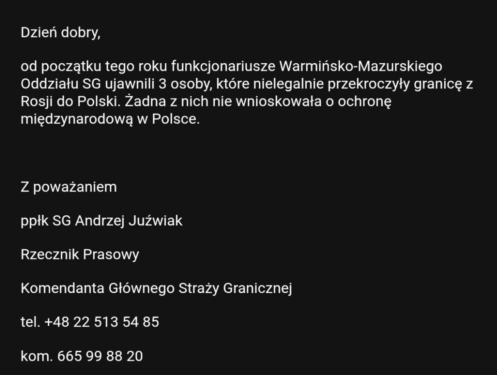Скриншот письма пресс-секретаря коменданта Главной пограничной службы подполковника Анджея Южвяка