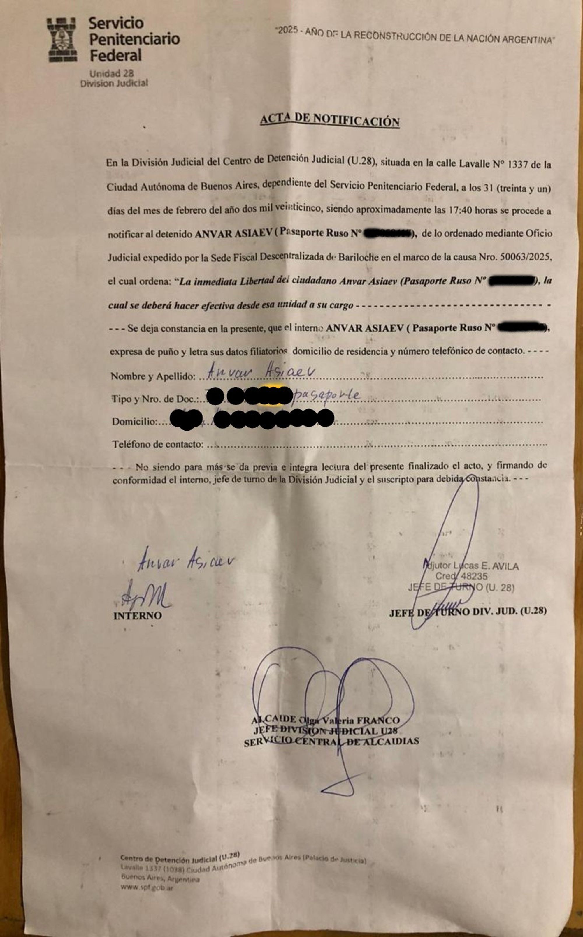 Copy of the document on the immediate release of Russian citizen Anwar Asiev from custody