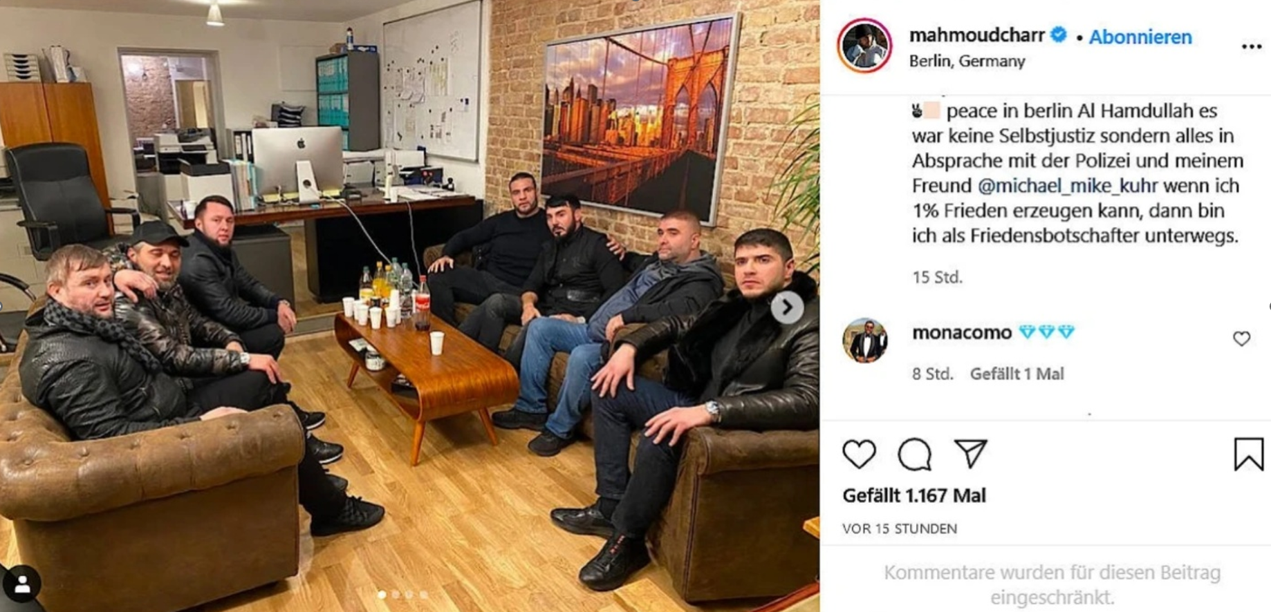 Дугазаев и Чарр (в центре фото в обнимку) во время примирения арабской и чеченской группировок в Германии