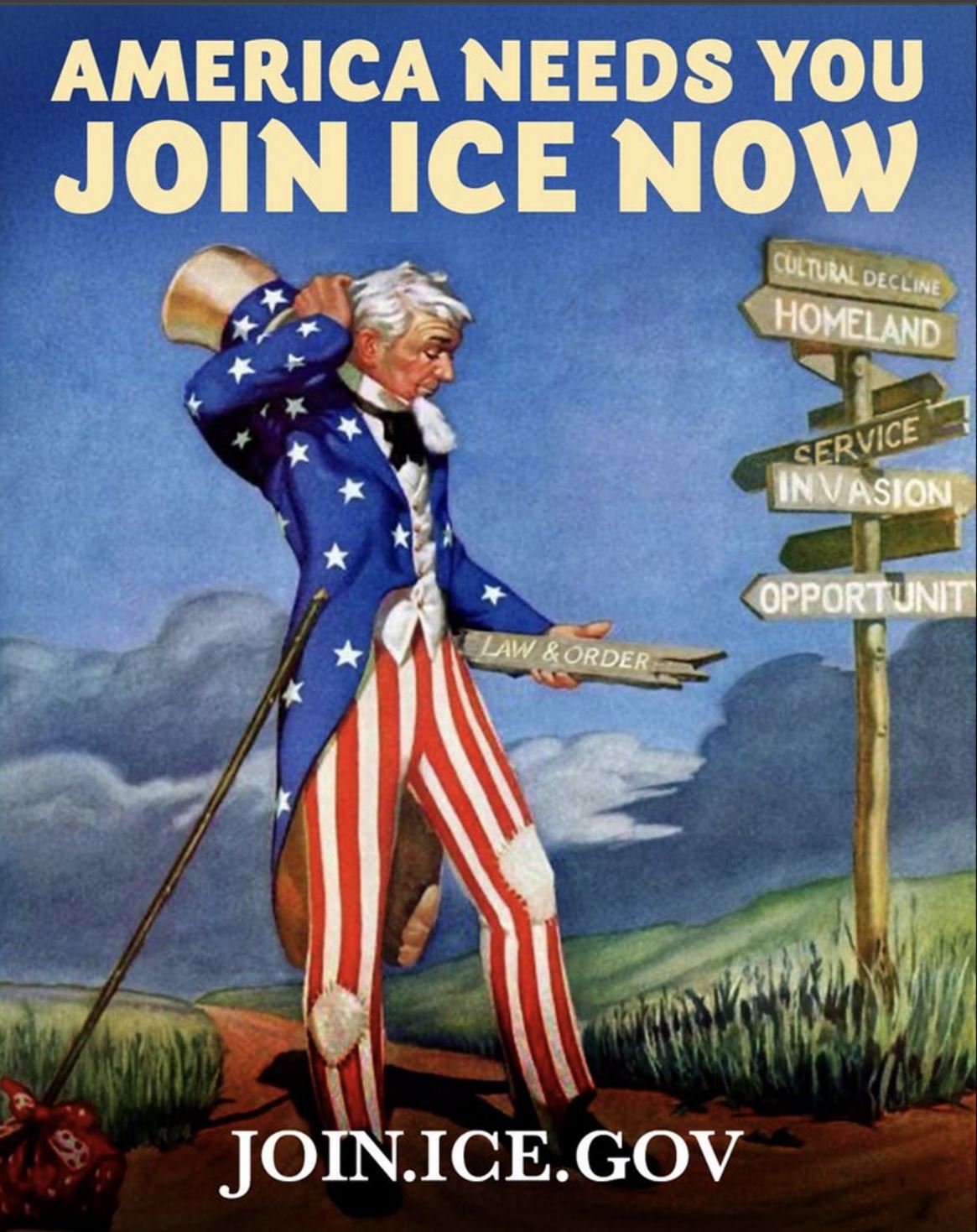 “America needs you. Join ICE now,” reads the slogan on an Uncle Sam–style image on ICE’s page on X