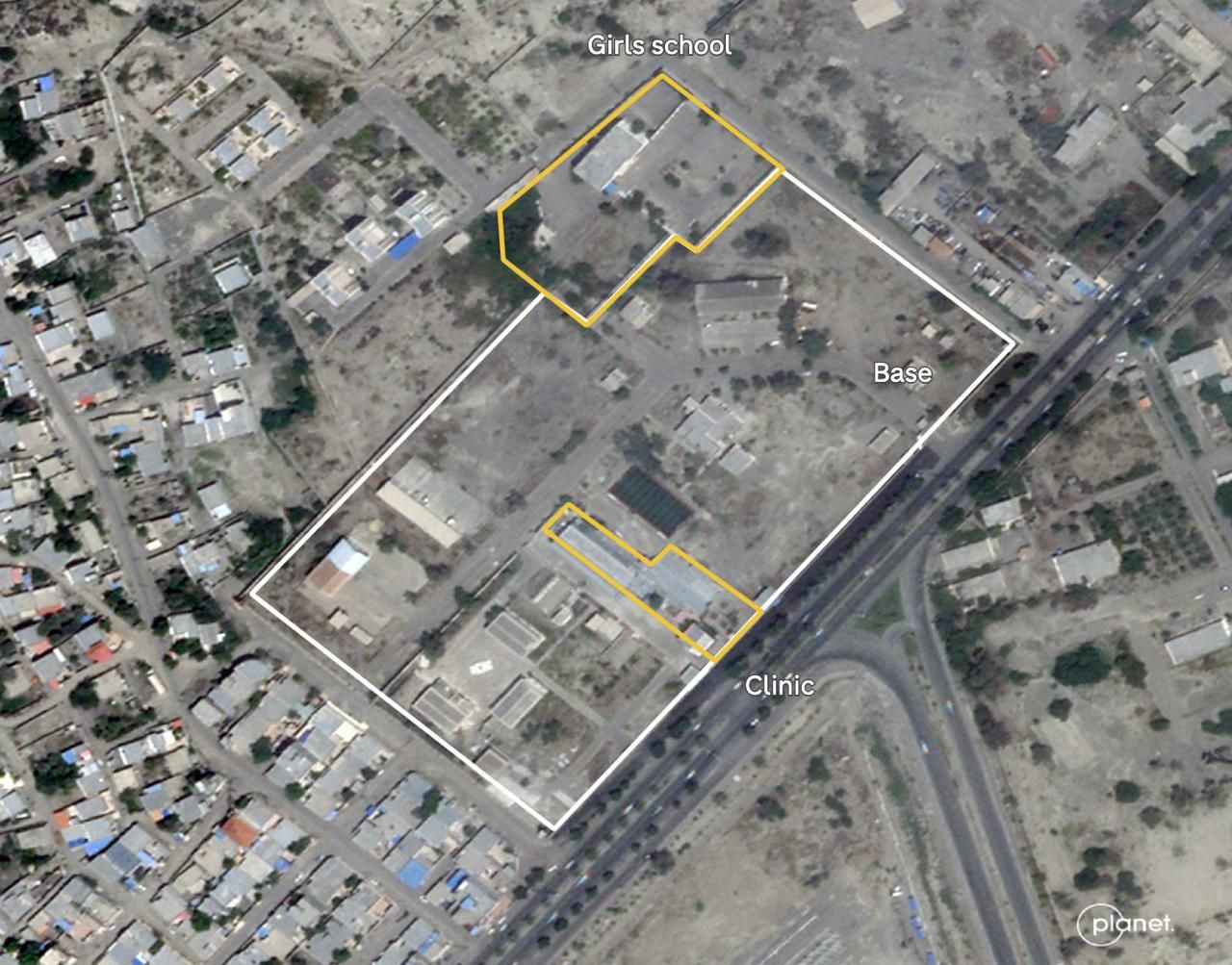 Satellite image of the IRGC base premises and the school before the strike