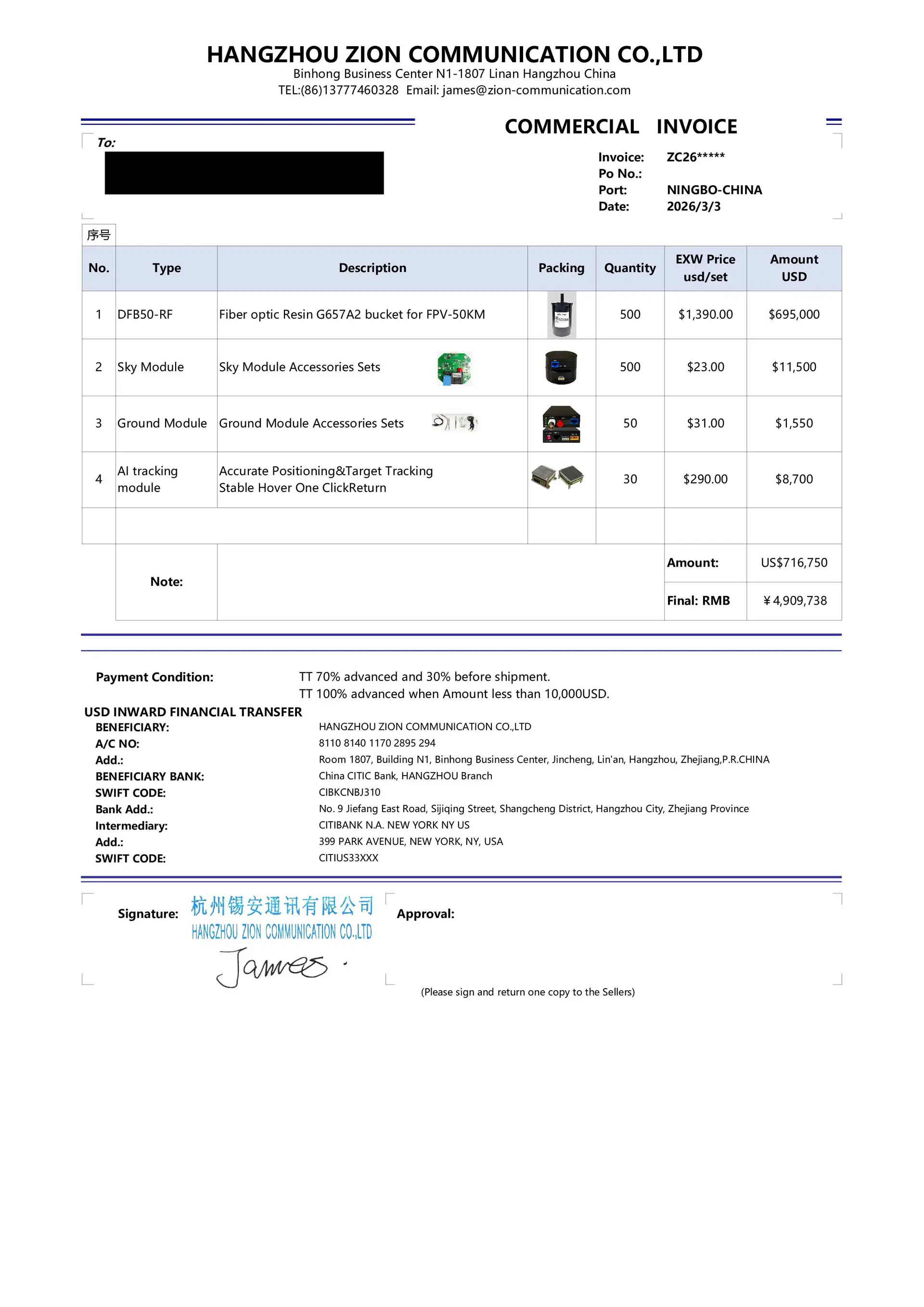 A commercial invoice sent by Zion Communication