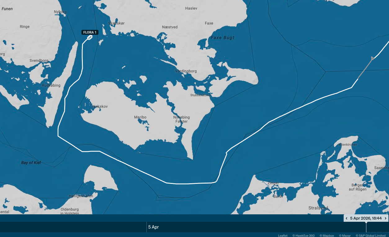 Путь танкера Flora 1 в Балтийском море  