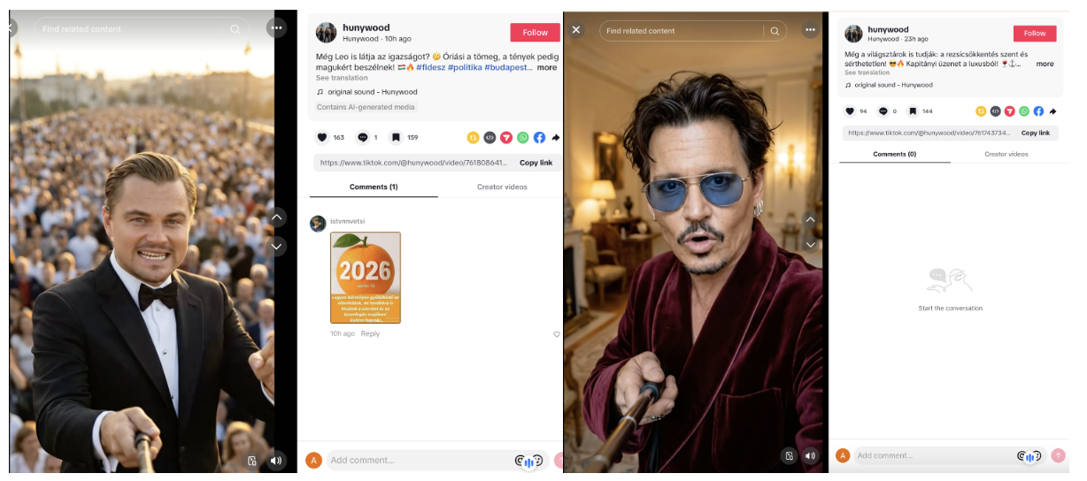 An anonymous account posts AI-generated videos of Leonardo DiCaprio (left) and Johnny Depp (right) to warn voters against supporting Magyar