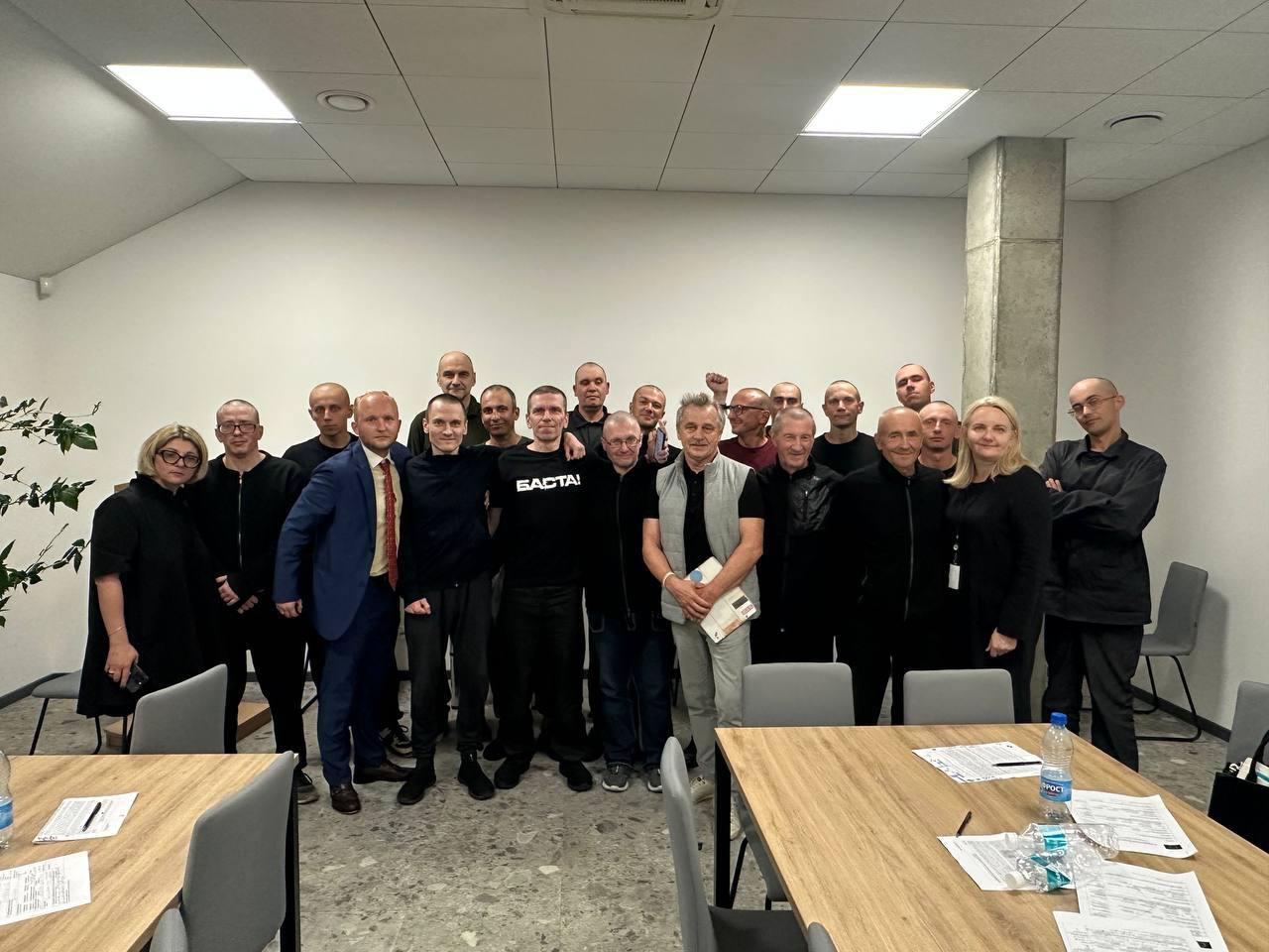 A group photo of the Belarusian political prisoners released on Sept. 11, 2025. Photo: Mediazona Belarus