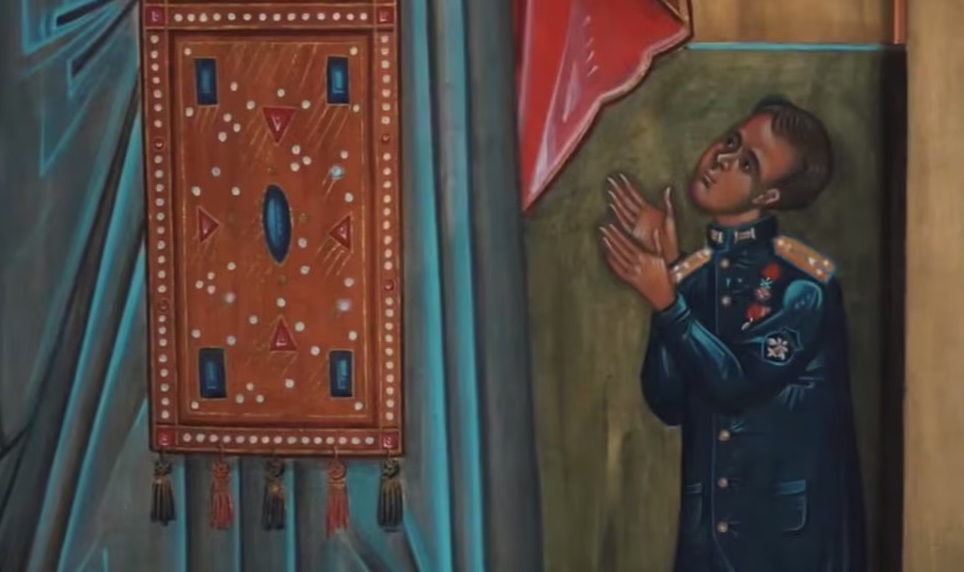 Detail of a donor icon showing Senior Lieutenant Ruslan Sheyka next to the hieromartyr Rusticus of Paris. Photo: Screenshot by Sever.Realii